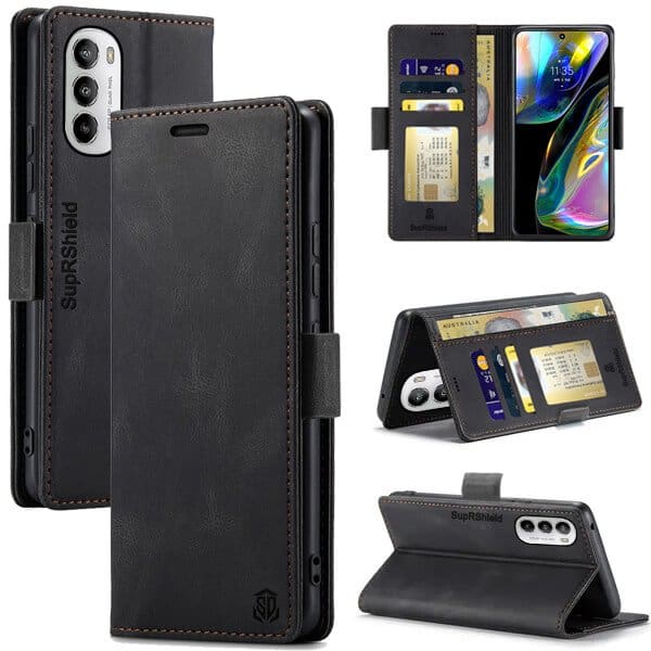 For Motorola Moto G82 5G Case RFID Blocking Retro Flip Premium Leather Card Holder Wallet Cover – (Black) For Motorola Moto G82 5G Case RFID Blocking Retro Flip Premium Leather Card Holder Wallet Cover – (Black)